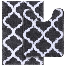 OLANLY Bathroom Rugs Set 2 Piece Microfiber Bath Shower Mat and U-Shaped Toilet Rug, Machine Wash Dry, Non-Slip Absorbent Shaggy Bath Rug for Tub, Shower and Bath Room (30"x20"+24"x20", Dark Grey)
