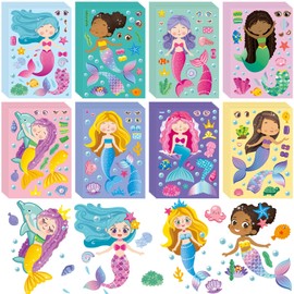 48 Sheets Make A Mermaid Stickers Mermaid Party Favors Make Your Own Mermaid Stickers Mermaid Themed Make A Face Strikers for Kids Party Favors, Rewards, Art Craft with 8 Designs(Mermaid)