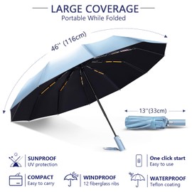 Lychico Umbrella, Windproof Travel Umbrella - Compact Automatic Folding Umbrellas for Rain, 12 Ribs Wind Resistant Portable Umbrellas for Single Hand Use, Small,Light, Strong Backpack Umbrella, Blue