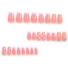 Hkanlre Medium Square Press on Nails Heart Fake Nails Tips Full Cover Pink Valentine's Day False Nails for Women and Girls 24PCS