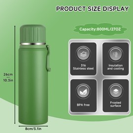 Boziee Stainless Steel Thermos Flask 800 ml with Cup Insulated Flask BPA Free Portable for Travel Coffee and Tea (Green)