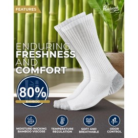 Pembrook 3 Pairs Bamboo Viscose Socks Mens - Premium Moisture Wicking Socks Men for Sweaty Feet, Bamboo Crew, Anti Sweat, White