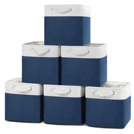 Posprica 11×11×11 Storage Cubes, Collapsible Storage Bins Organizer for Closet, Fabric Storage Box with Cotton Rope Handles, Decorative Storage Baskets for Shelves, Nursery, Toy, set of 6 - White/Blue