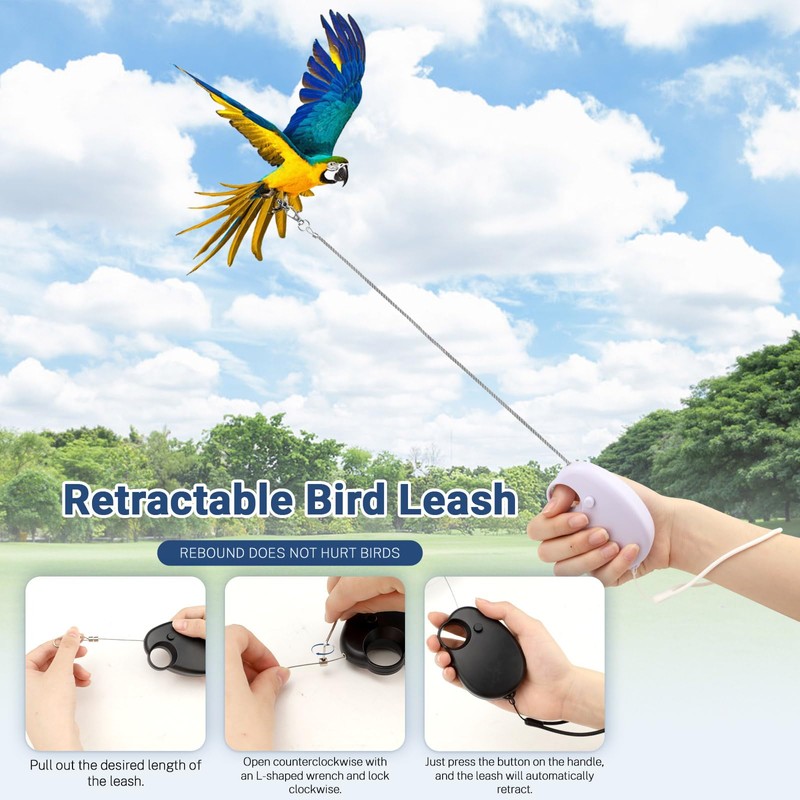 Realand 19.7FT Auto Retractable Bird Leash, Anti-Bite Wire Bird Harness,