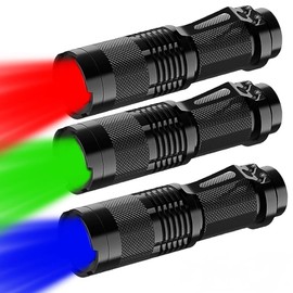 MODOAO 3 Pack Tactical Flashlight with Red Blue Green LED, 3 Color Modes for Signaling & Stealth + White Light with Zoom & 3 Modes (High/Low/Strobe), with Clip for Camping, Fishing, Emergency,Security
