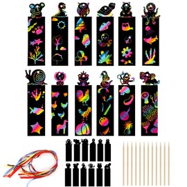 Pack of 24 Scratch Pictures for Children, Scratch Painting with 24 Pieces Wooden Pens, 24 Pieces Ribbons, Scratch Picture for Boys Girls Easter DIY Crafts Party