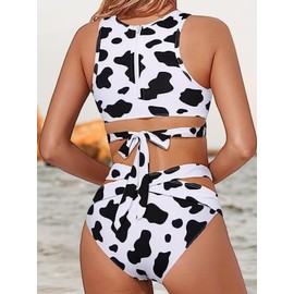 NEIOROT Women's Two Piece Swimsuits High Waisted Bikini Cow Print Bathing Suits,1 Pack,Black and White,Large