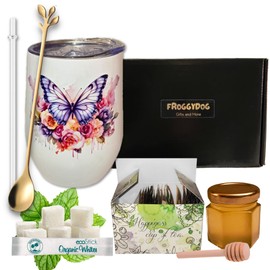 Tea and Honey Gift Set | Gift Set with Insulated Tumbler, Gold Spoon, 18 Premium Tea Bags, Honey Jar, Dipper and Sugar (Butterfly)
