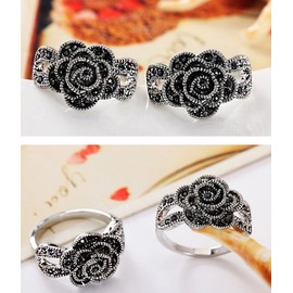 Yfnfxl Vintage Fashion Ring Silver Marcasite Flower Crystal Cocktail Statement Rings for Women, Crystal, Cubic Zirconia