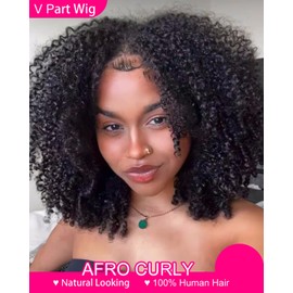 Vshow Glueless Wigs V Part Wig Human Hair Afro Curly Wig No Leave Out Thin Part Human Hair Wig Beginner Friendly 180% Density Upgrade U part Kinky Curly Wigs 20Inch