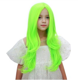 Edivd-Peluca verde neón para niñas, peluca larga verde ombré con raya al medio, peluca rizada ondulada verde claro para niñas, peluca sintética resistente al calor con gorro para peluca