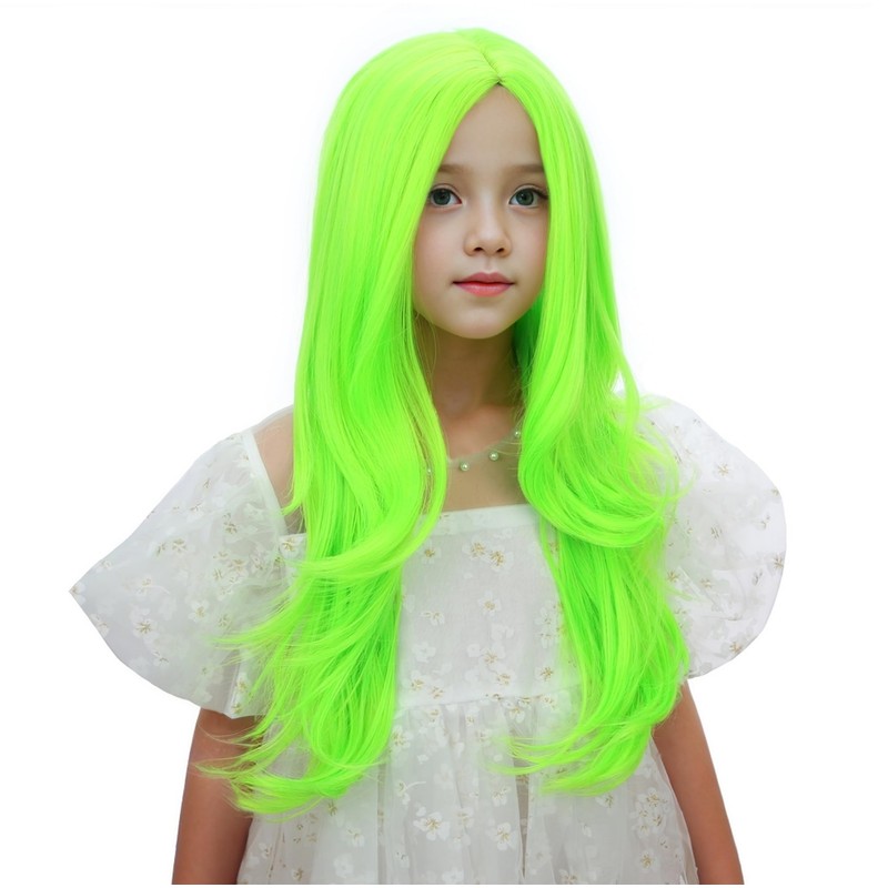 Edivd-Peluca verde neón para niñas, peluca larga verde ombré con