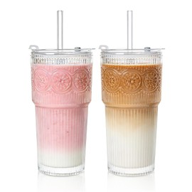 SoulTimes 20oz Ribbed & Floral Glass Tumbler Set of 2 – Reusable Glass Cups with Lid and Glass Straw, Iced Coffee Cups for Water, Smoothie, Milk, Cocktail & More – Perfect for Daily Use & Travel