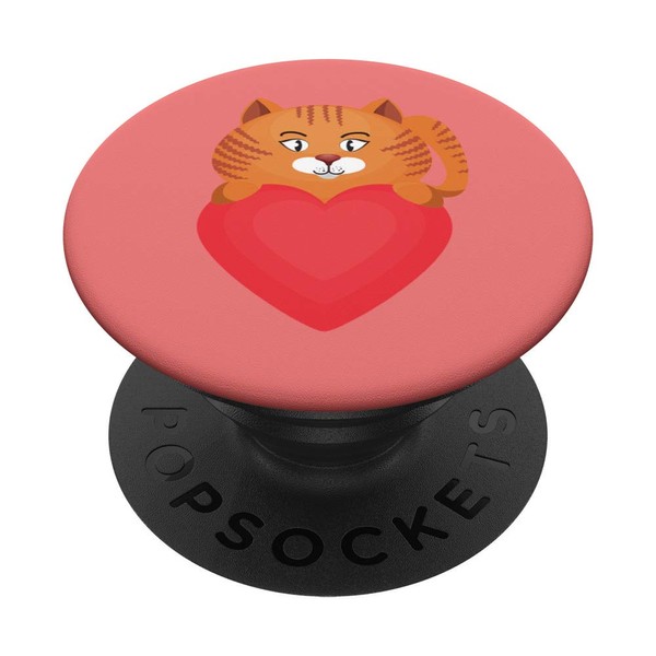 Orange Kitty Cat with Heart Coral Background PopSockets Grip and