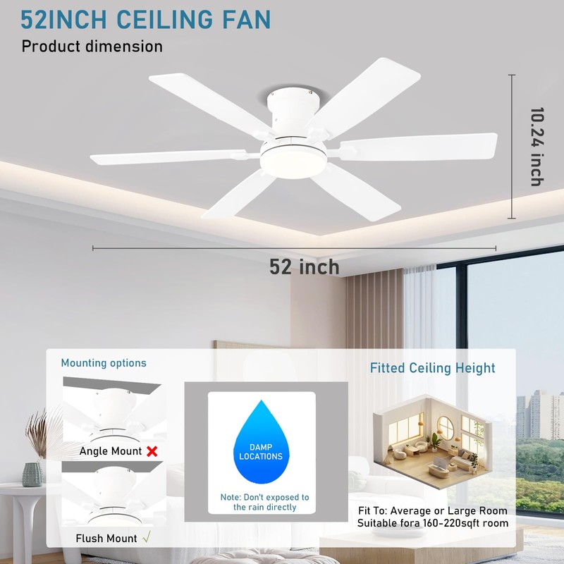 iacaf 52inch Low Profile Ceiling Fan with Light and Remote/APP