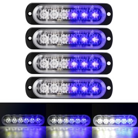 4-Pack 6 LED Amber Strobe Lights Vehicles Trucks Emergency Strobe Lights Kit 12V -24V Warning Hazard Flash Strobe Lights Grill Grille Surface Mount Super Bright Waterproof, Blue/White
