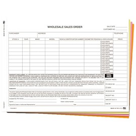 Wholesale Vehicle Sales Order Form for Car Dealerships - 11.5" x 8.5" Size, 4-Part Snap-Out, Carbonless Paper (White, Canary, Pink, Goldenrod) - Easy Transfer for Vehicle Transactions - Pack of 400