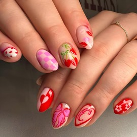 24Pcs Valentine's Day Press on Nails Short Almond Fake Nails Valentines Day Heart False Nails Romantic Cherry Bow Glue on Nails Lip Acrylic Nails Love Hearts Artificial Nails for Women Girls DIY Nail