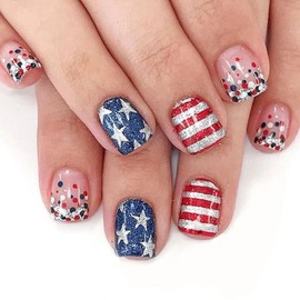 Independence Glue on Nails Medium Square Press on Nails 4th of July Nails Press ons Stars Lines Dots Design Red Dark Blue Fake Nails French Tip July 4th False Nails for Girls Women 24Pcs