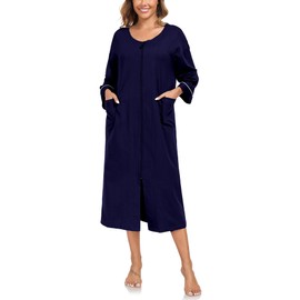 EA'S SECRET Women 100% Cotton Robes Lightweight Zipper Front 3/4 Sleeve Full Length Housecoat with Pockets Loungewear, Navy Blue, X-Large
