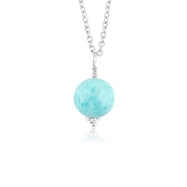 GEMKORA Natural Real Larimar Round Beads Pendant Necklace, Polished Crystals Birthstone, Healing Gemstone, Birthday, Christmas Day Gift Jewelry, Silver Plated Base Metal Jewelry 18 inch