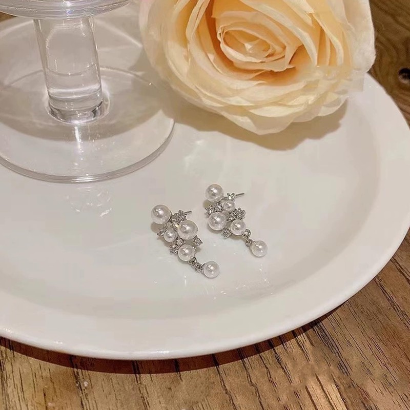 Pearl Earrings for Women, 14K Silver Plated Pearl CZ Dangle