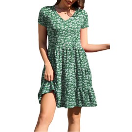 nclook Womens Summer Casual Dress Sweet Cute V Neck Mini Dress with Pocket Short Sleeve Floral Green