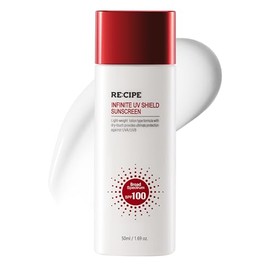 RE:CIPE Infinite UV Shield Protector solar – Protector solar facial revitalizante e hidratante con SPF 100 de amplio espectro – Loción seca ligera sin fundición blanca para todo tipo de piel – Cuidado de la piel coreano 1.69 onzas