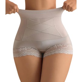 JUQDNX Tummy Control Shapewear for Women, High-Waisted Butt Lifter Briefs, Postpartum Slimming Underwear Panties with Lace Trim Apricot