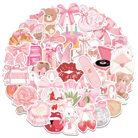 50PCS Coquette Stickers Pink Aesthetic Sticker Pack Cute Bow Tie Decals for Girls Pink Decal for Laptop Vinyl Waterproof Stickers Aesthetic Sticker