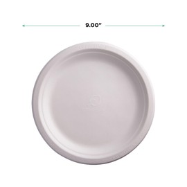 ECO PRODUCTS Compostable Disposable Paper Plates, 9" Round Eco-Friendly Molded Fiber Plates, Grease & Cut Resistant, White, Pack of 50