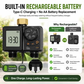 GIEX Rechargeable Sprinkler Timer 2 Zone, Programmable Water Hose Timer 2 Outlet with Brass Inlet, Built-in Rechargeable Battery, Rain Delay & Manual Watering for Garden, Lawn, Yard