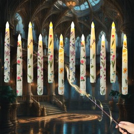 Floating Candles with Wand Remote Timer 12PCS Floral Flameless Taper Candle LED Magic Hanging Candlestick Battery Operated Floating Candles with Flowers for Dinner Home Wedding Garden Party Decor
