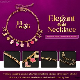 KatchOn, Gold Charm Necklace for Women – Adjustable, 14 Inches | Beach, Summer Necklace with Pink Enamel Charms | Strawberry necklace for Summer Accessories | Jewellery Gift for Mom And Teens