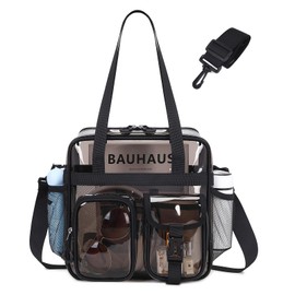 ASKSKY Clear Tote Bag, PVC 12x 12x6 in Clear Bag for Stadium Events for Women Men Water Resistant Heavy Duty Transparent Bags See Through Purse with Removable Strap, Semi-Black