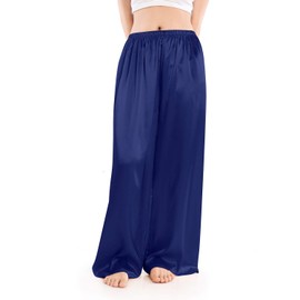Wantschun Pantalones de pijama de pierna ancha para mujer, de satén de seda casual, suelto, cintura elástica, pantalones de salón, Azul marino, XXL