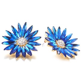 Blue Crystal Flower Earrings, Flowers Gold Tone Petal Sparkling Cubic Zirconia Cluster Large Statement Earrings, Alloy Steel, No Gemstone