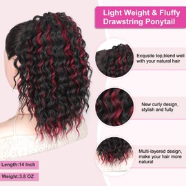 AISI BEAUTY Burgundy Highlights Ponytail Extension 14 Inch Curly Drawstring Ponytail for Women Clip in Synthetic Curly Pony Tails Hair Piece(Black with Burgundy Highlights)