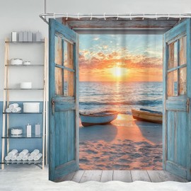 Beach Coastal Shower Curtain, Ocean Sunrise Seascape Nautical Shower Curtains for Bathroom, Retro Rustic Barn Door Bathroom Accessories Set, with Hook 72X72IN