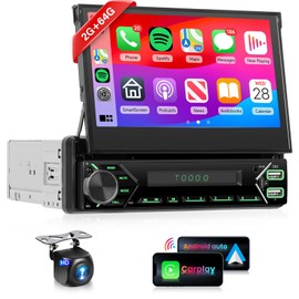 Android 2G 64G Single Din Apple Carplay Car Stereo with Wireless Android Auto (Motorized) 7 Inch Flip Out Touchscreen Car Radio with Bluetooth Mirror Link Backup Camera/USB/AUX Type-C/RDS/FM/WiFi/EQ