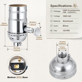 DiCUNO UL Listed Full Range Dimmer Lamp Socket Replacement, Vintage E26 Light Bulb Socket, Rotating Dimmer Switch Knob for Table, Floor Lamp, DIY Project, Silver, 150 Watt, 1-Pack