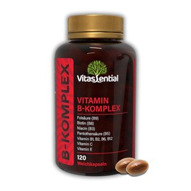 Vitassential Vitamin B-Komplex - Alle 8 B-Vitamine (B1, B2, B3, B5, B6, B7, B9, B12) mit Vitamin C & E - Hochdosiert - Hohe Bioverfügbarkeit - Gegen Müdigkeit - 120 Kapseln