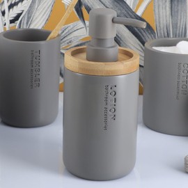 Modern Matte Gray Soap Dispenser with Natural Bamboo Accent - Polyresin Hand Lotion Pump, Contemporary Bathroom Accessory