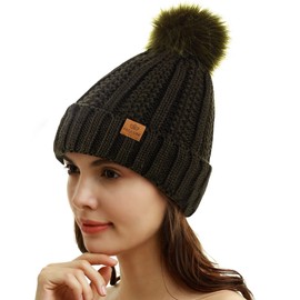 PAGE ONE Womens Winter Thick Cable Knit Beanie Faux Fur Pom Hat Fleece Lined Skull Cap Dark Olive