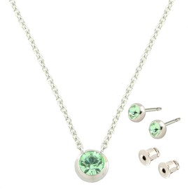 Jewelry Shop M Made in Japan Birthstone Necklace Earrings Set, Non Falling, Piercing Catch, Hypoallergenic, August Chrysolite