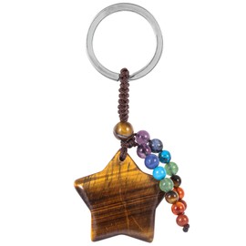 Nupuyai Star Tiger's Eye Crystal Stone Keychain with 7 Chakra Beads Tassel Keyrings, Star Keyring Bag Charm Hand Charm Lucky Charm Keyrings for Women