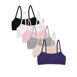 Fruit of the Loom Girls' Cotton Spaghetti Strap Sport Bra, Blueberry/Black/Grey/White/Sand/Blush, 32