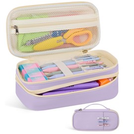Large Pencil Case Pouch For Girls, Big Cute Pencil Pen Bag Organizer with Zipper Compartments & Handle, Aesthetic Stationery Storage & School Supplies for Teens Boys - Purple