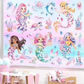 decalmile Window Sticker Underwater World Mermaid Window Decals Under the Sea Dolphin Sea Turtles Seagrass Anti-Collision Window Sticker Bathroom Glass Window Decoration Sticker