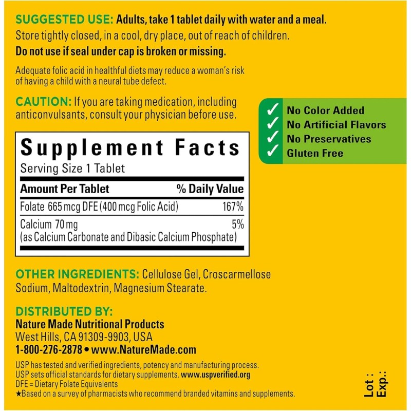 Nature Made Folic Acid 400 mcg (665 mcg Dfe) 250